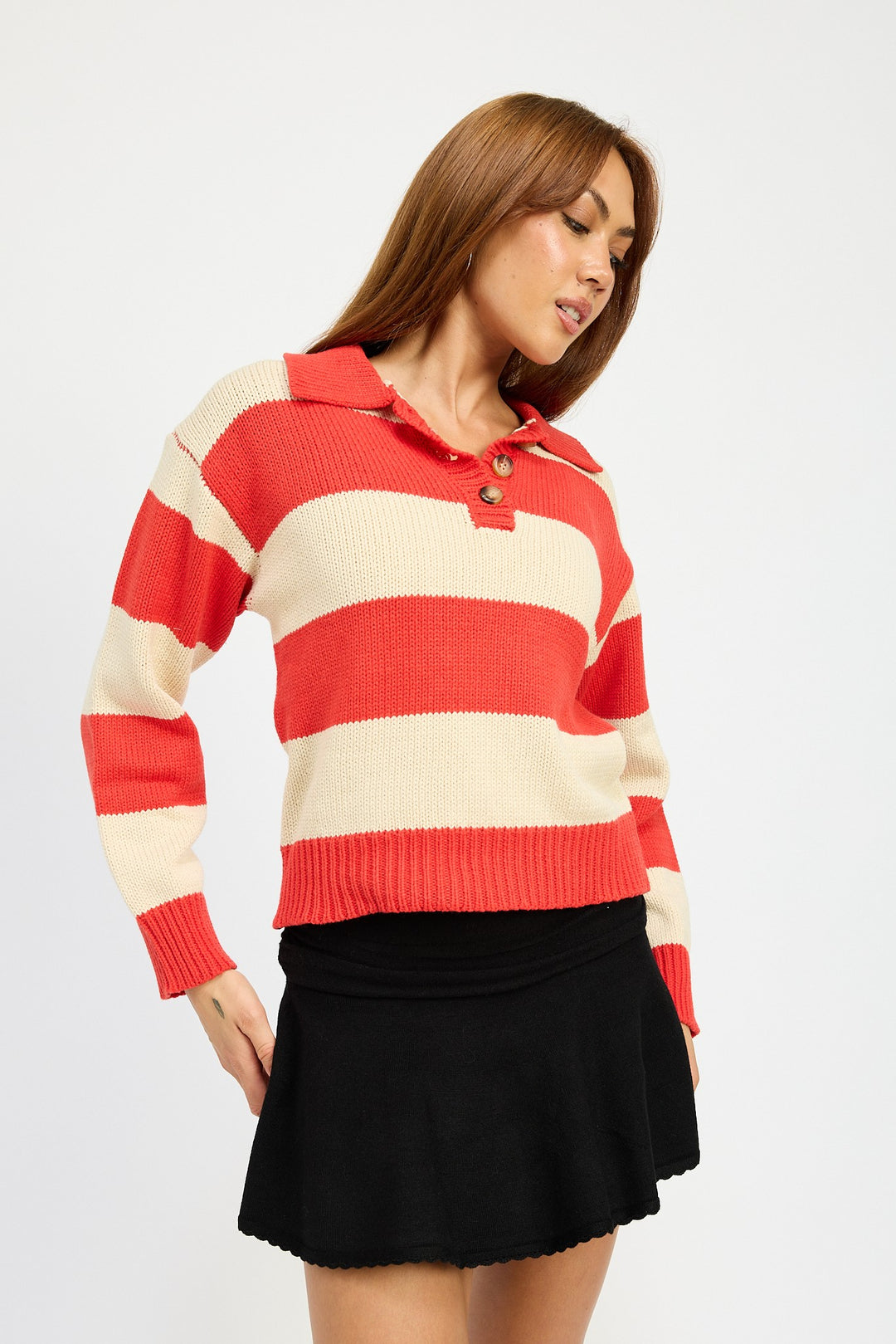 Red Combo Striped Collared Sweater Top