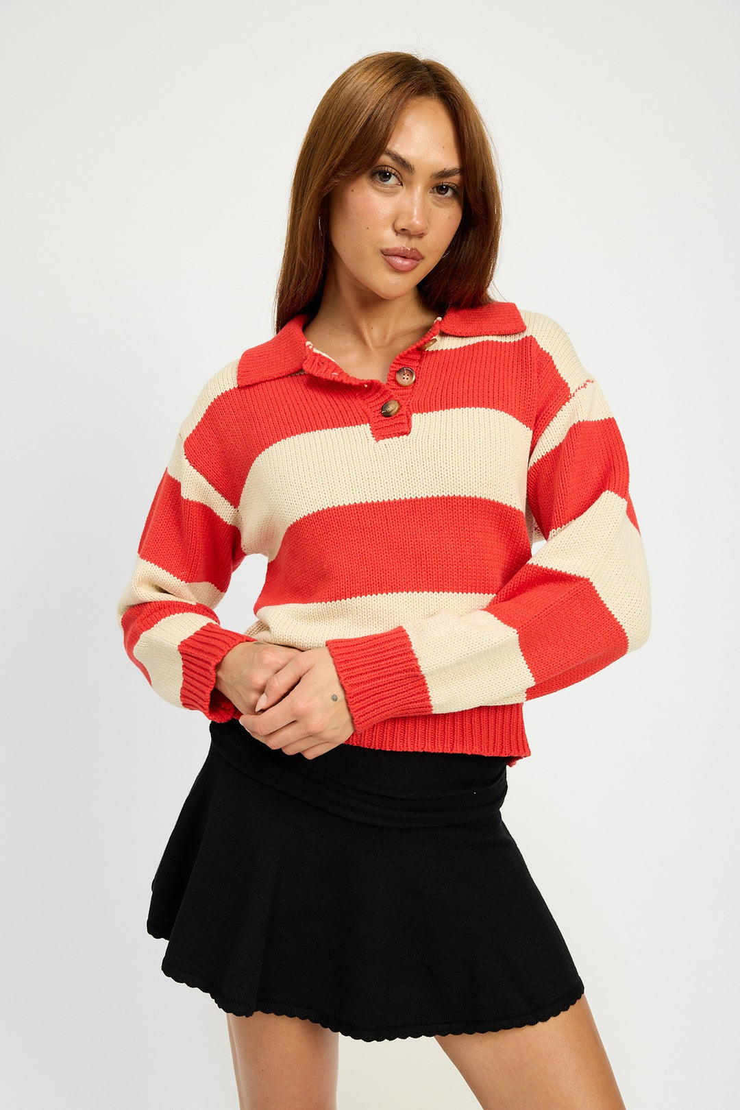 Red Combo Striped Collared Sweater Top