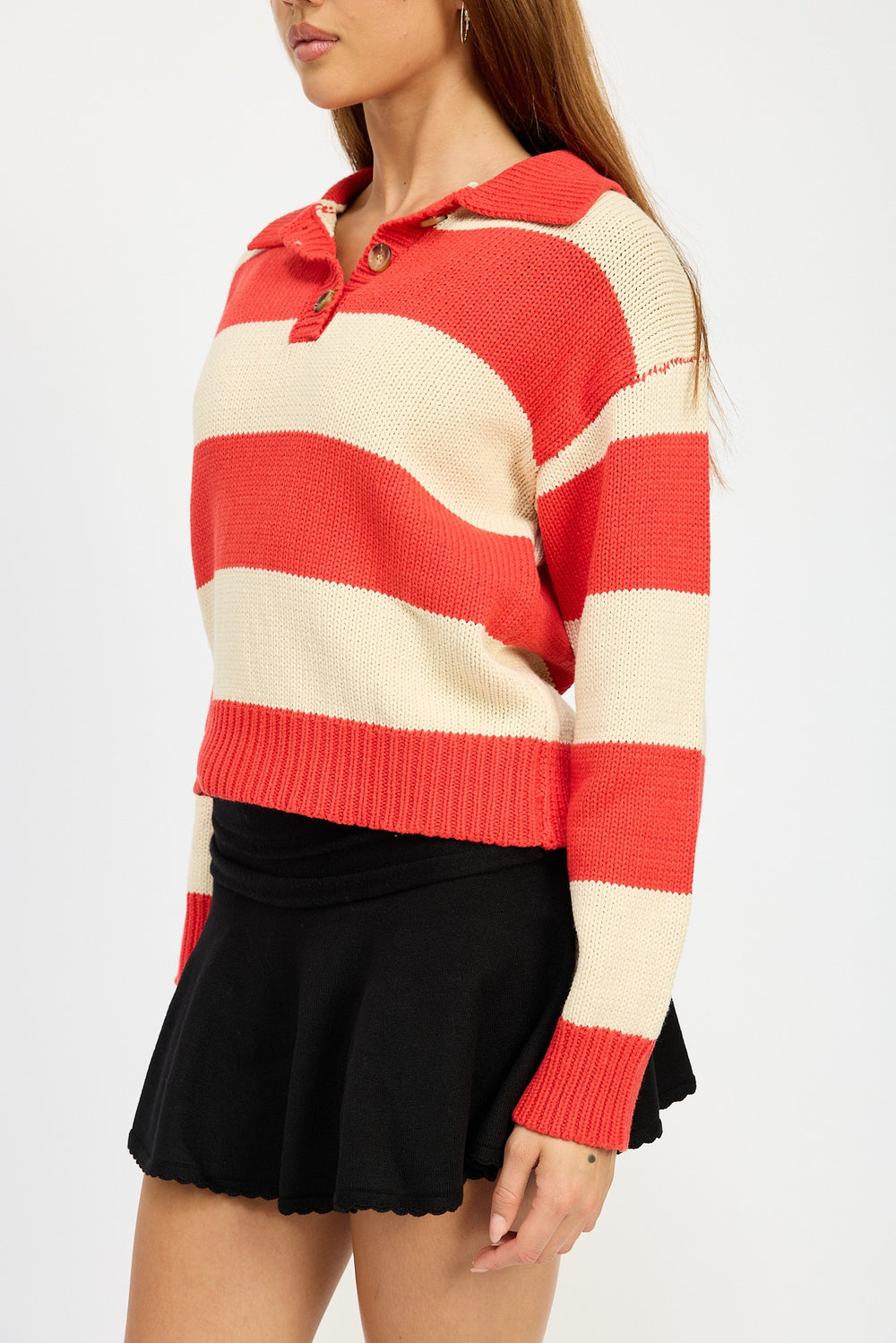 Red Combo Striped Collared Sweater Top