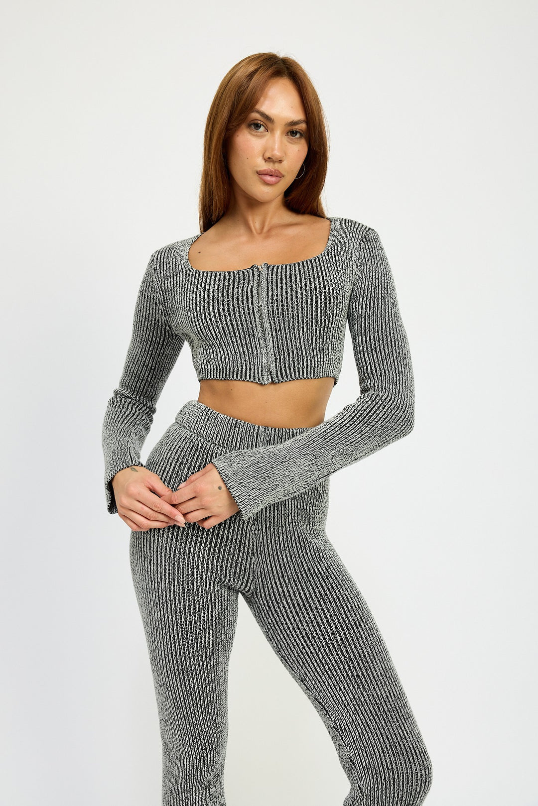 Black White Square Neck Cropped Top With Zipper