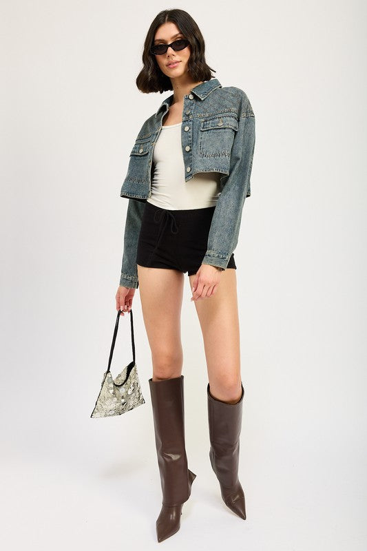 WASHED DENIM Embroidered Denim Crop Jacket