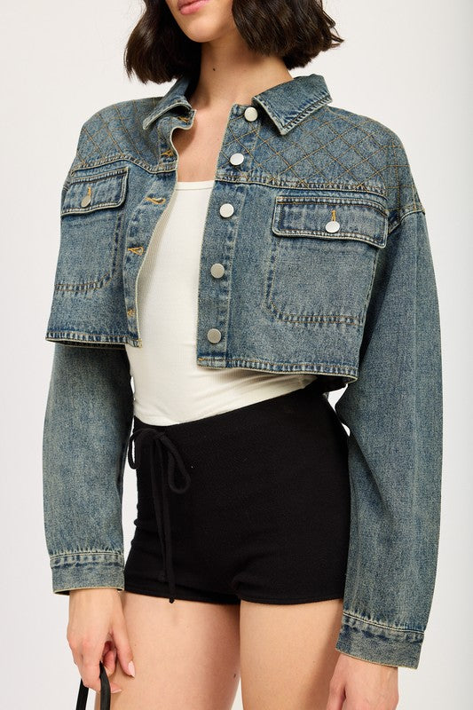 VINTAGE BLACK Embroidered Denim Crop Jacket