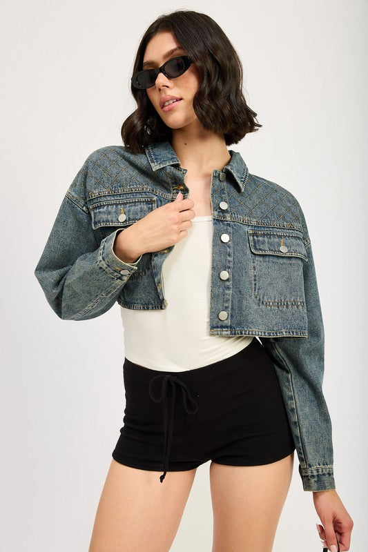 WASHED DENIM Embroidered Denim Crop Jacket