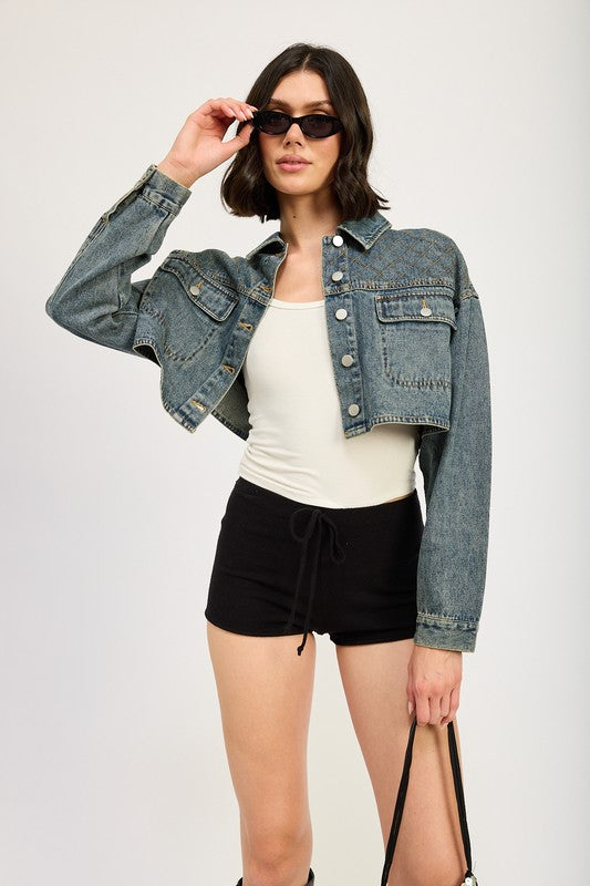 VINTAGE BLACK Embroidered Denim Crop Jacket