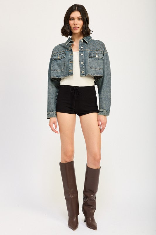 WASHED DENIM Embroidered Denim Crop Jacket
