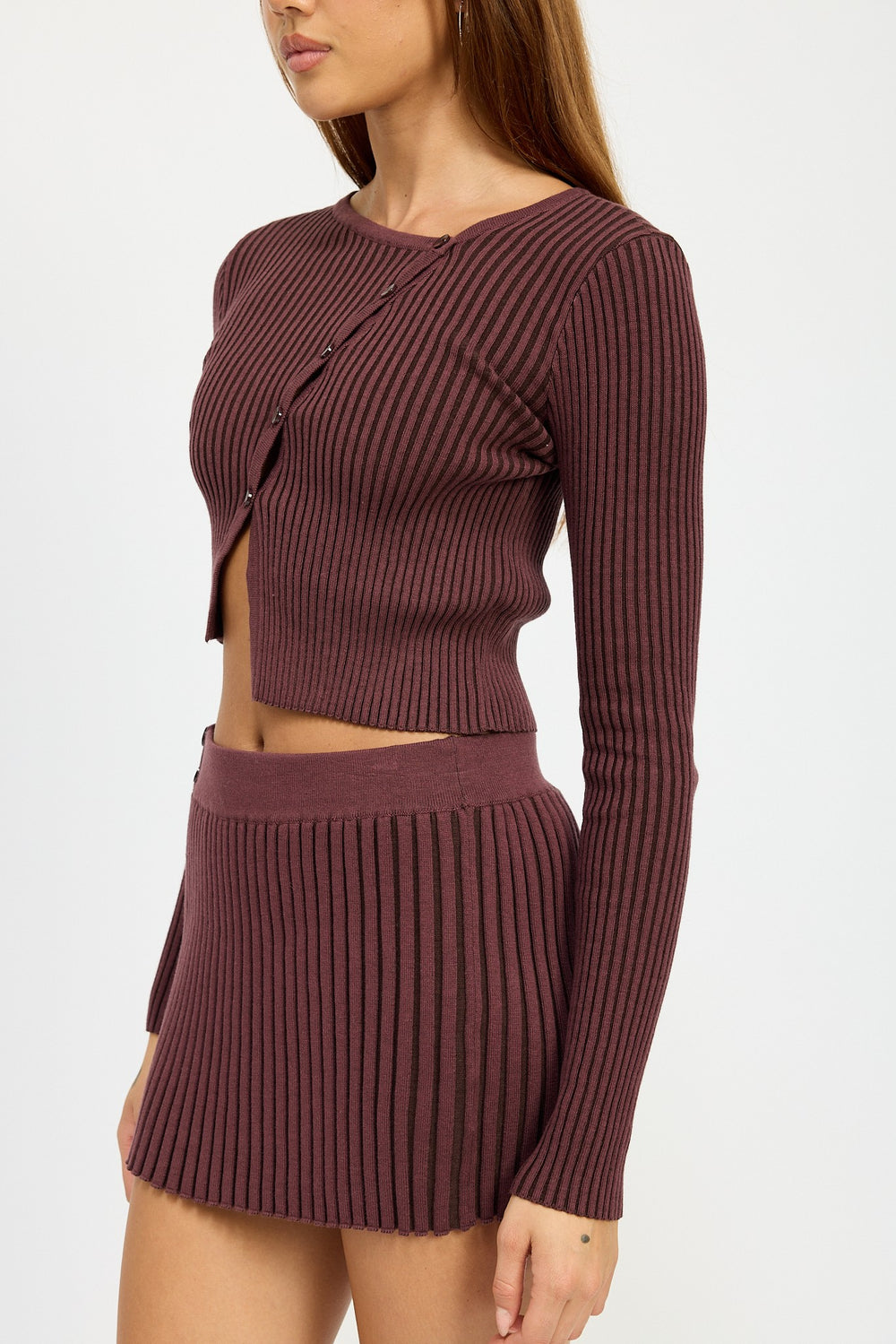 Plum Ribbed Asymmetrical Cardigan Top