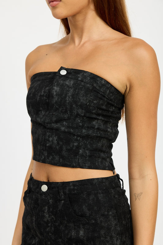 Black Denim Print Washed Print Tube Top With Buttons