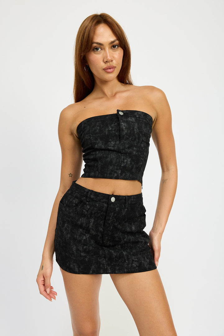 Black Denim Print Washed Print Tube Top With Buttons