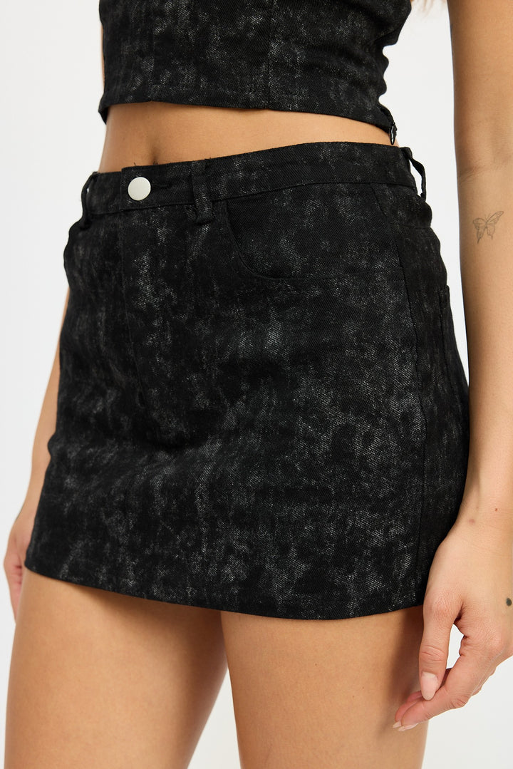 Black Denim Print Washed Denim Print Mini Skirt
