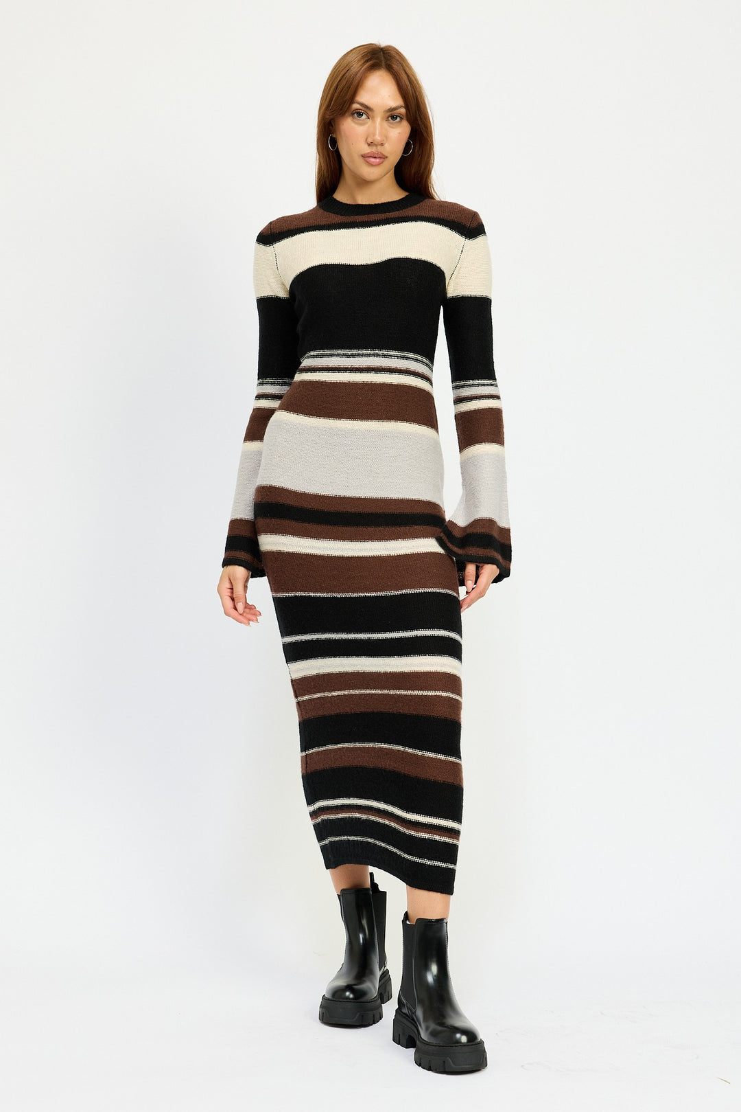 Brown Multi Stripe Maxi Bodycon Dress
