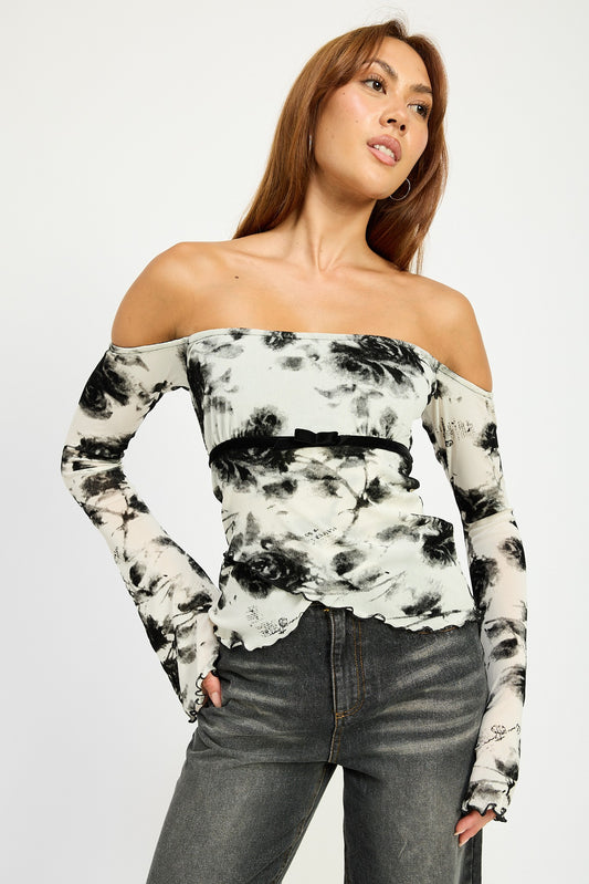 Wht Blk Floral Off Shoulder Top Wtih Lettuce Hem