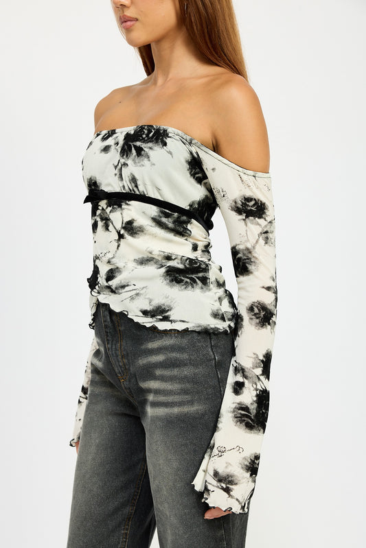 Wht Blk Floral Off Shoulder Top Wtih Lettuce Hem