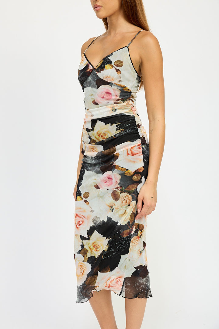 Black Multi Ruched Midi V Neck Dress