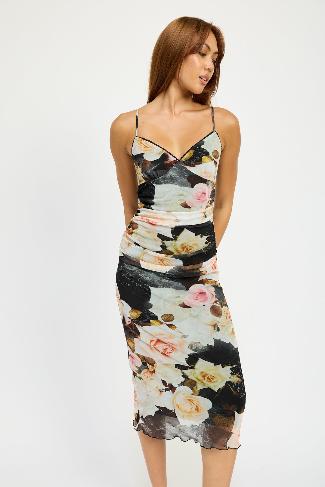 Black Multi Ruched Midi V Neck Dress