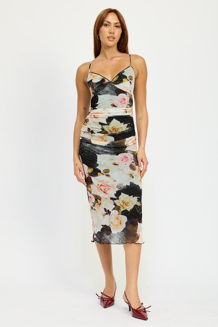 Black Multi Ruched Midi V Neck Dress