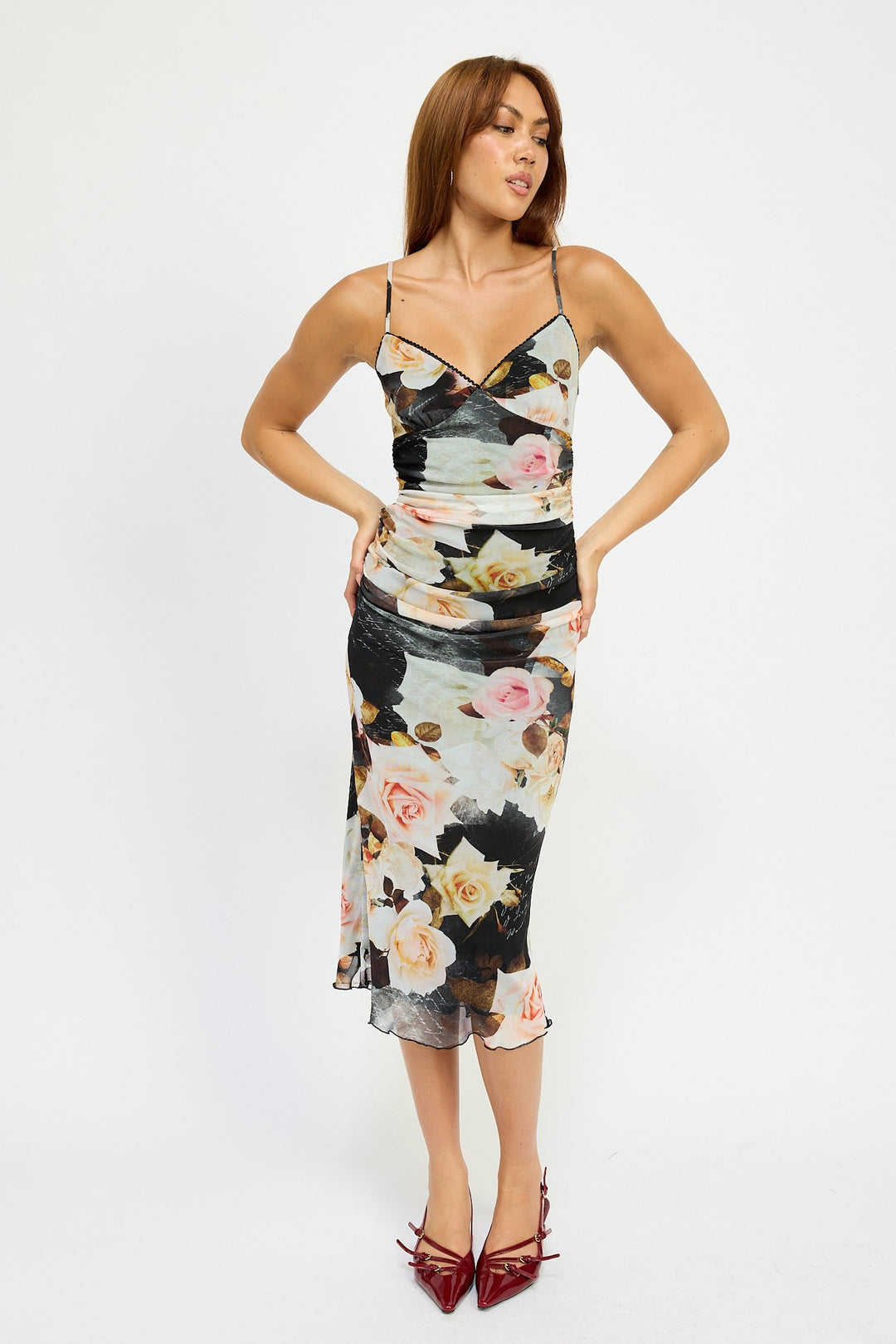 Ruched Midi V Neck Dress