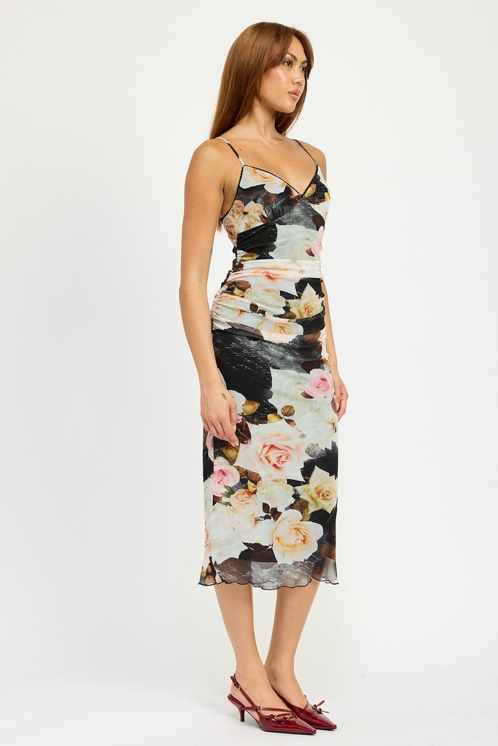 Ruched Midi V Neck Dress