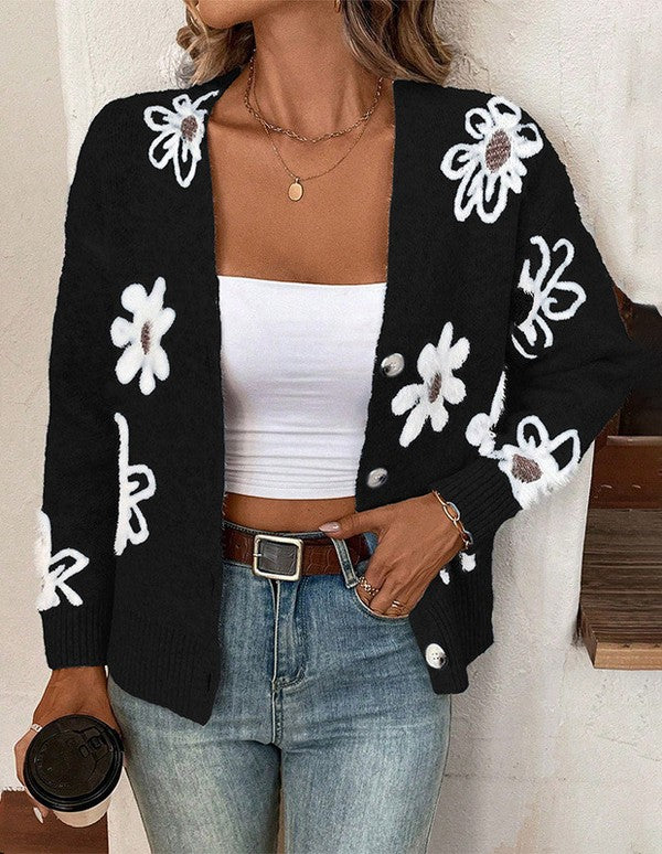 Black Floral Button Front Cardigan 1