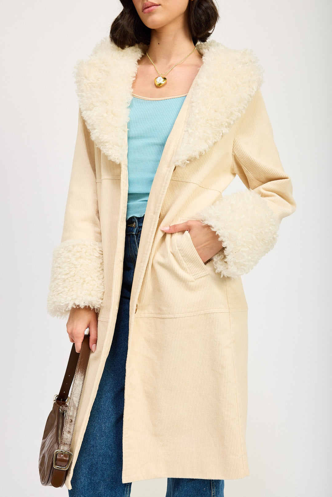 IVORY Faux Fur Mid Trench Coat
