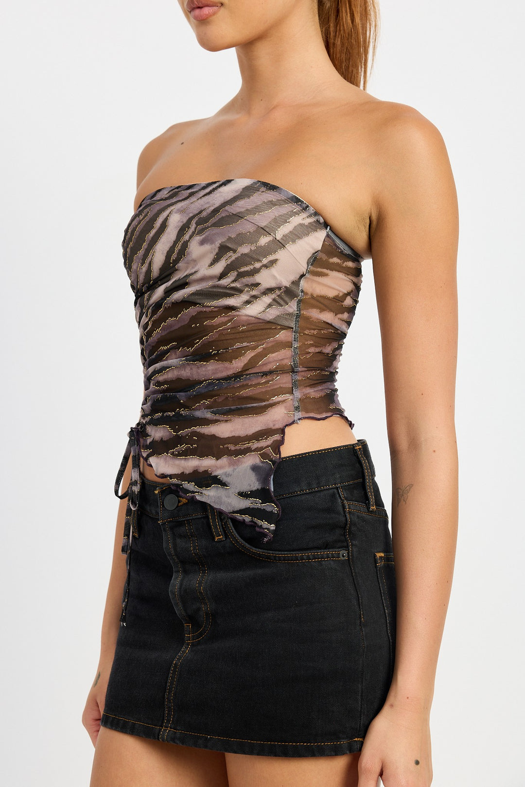 Plum Grey Printed Ruched Strapless Top