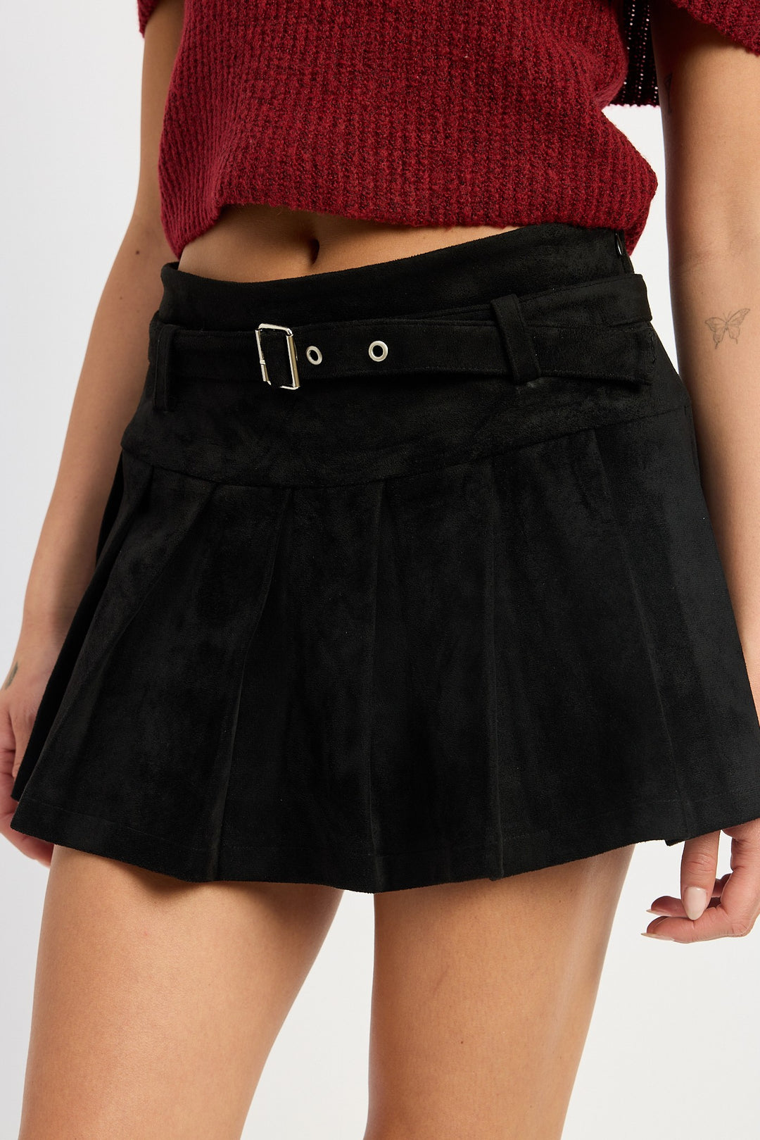 Black Pleated Suede Skort With Belt