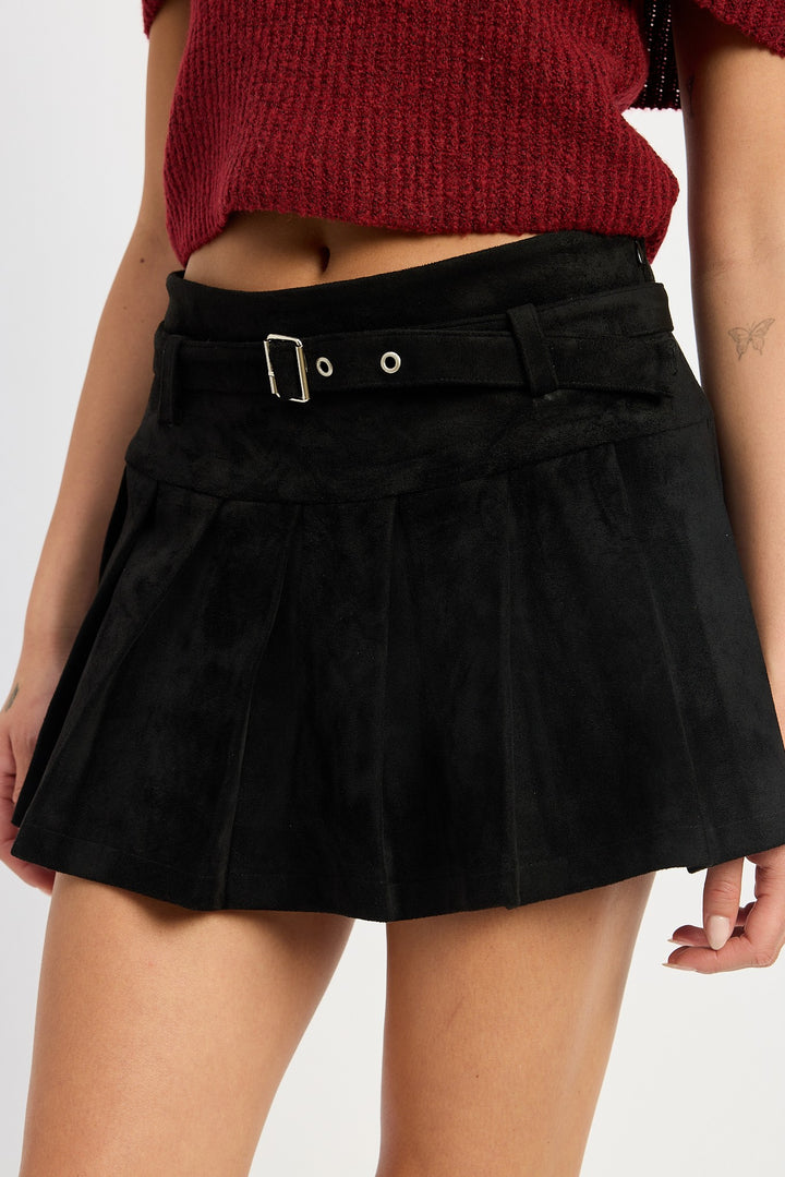 Black Pleated Suede Skort With Belt