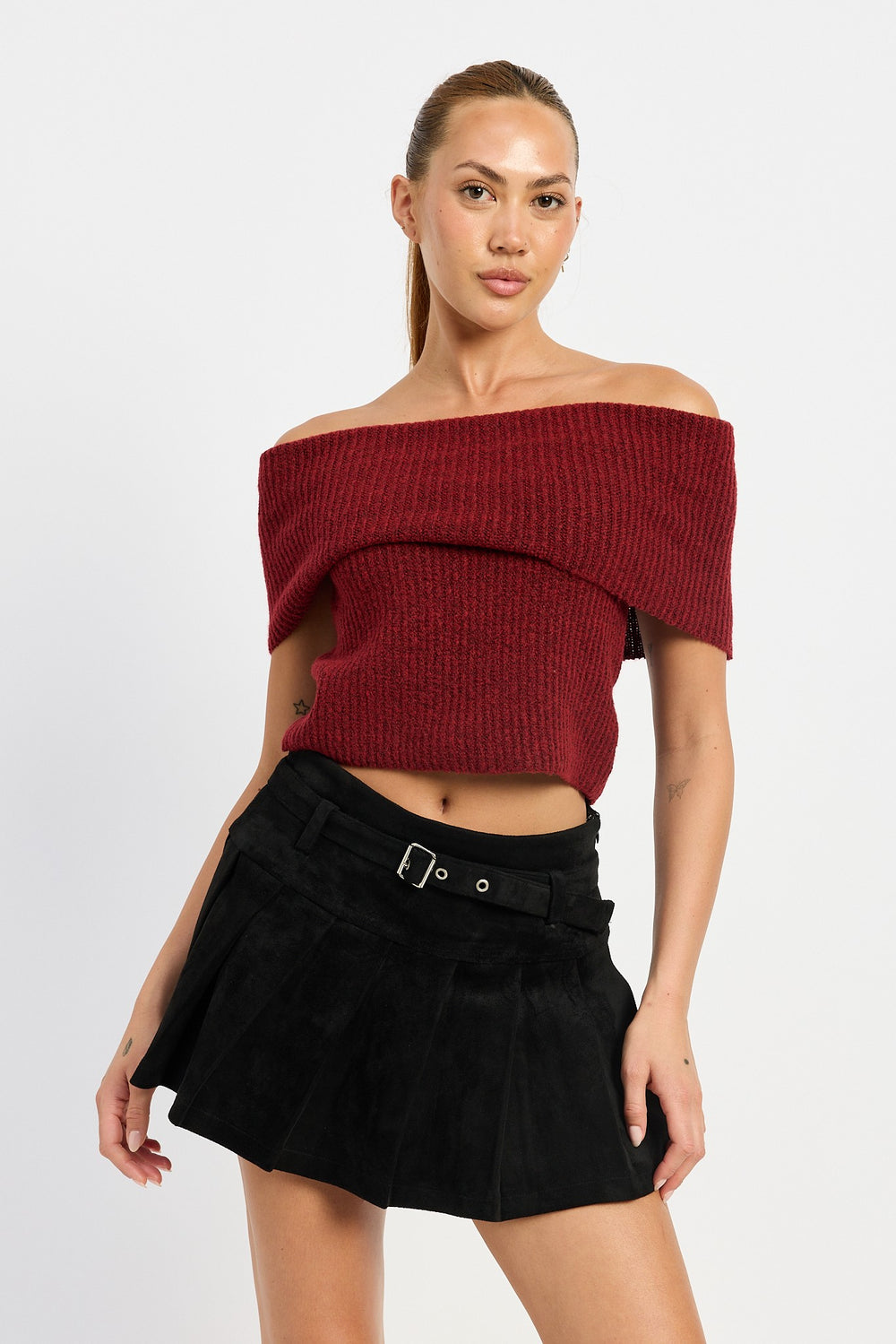 Black Pleated Suede Skort With Belt