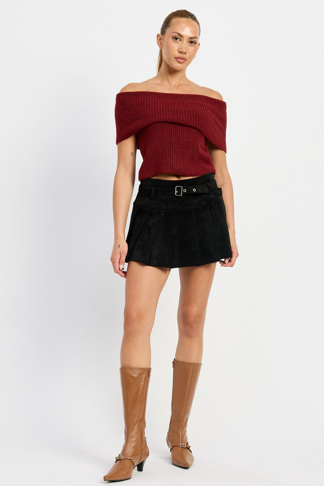 Black Pleated Suede Skort With Belt