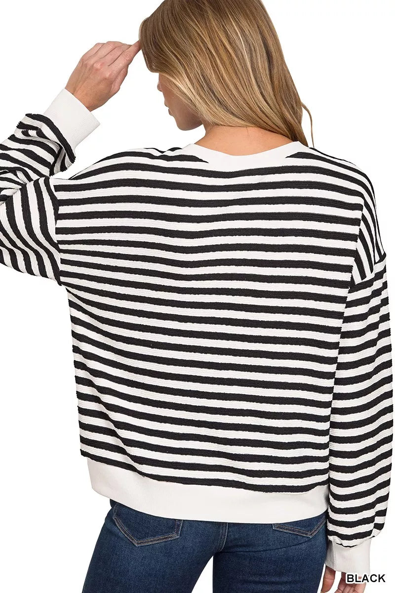 Black Zenana Striped Round Neck Sweatshirt