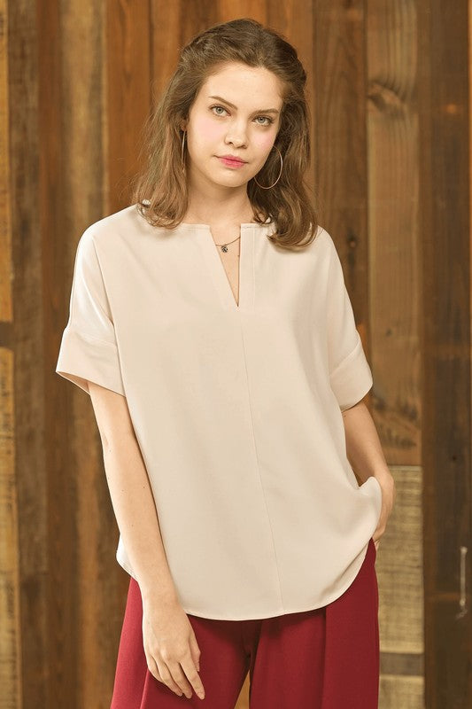 Taupe V Neckline Dolman Short Sleeve Blouse Top 1