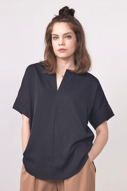 Fuchsia V Neckline Dolman Short Sleeve Blouse Top 1