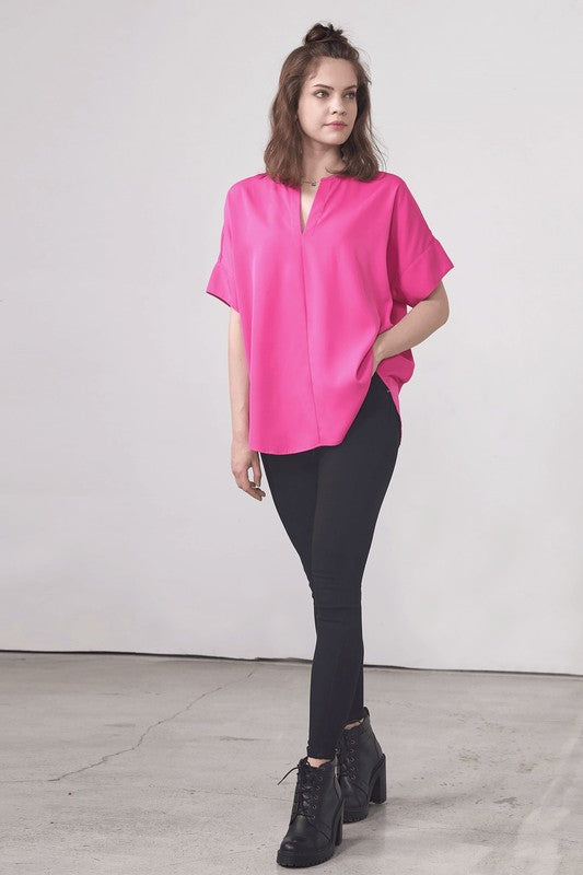Black V Neckline Dolman Short Sleeve Blouse Top 1