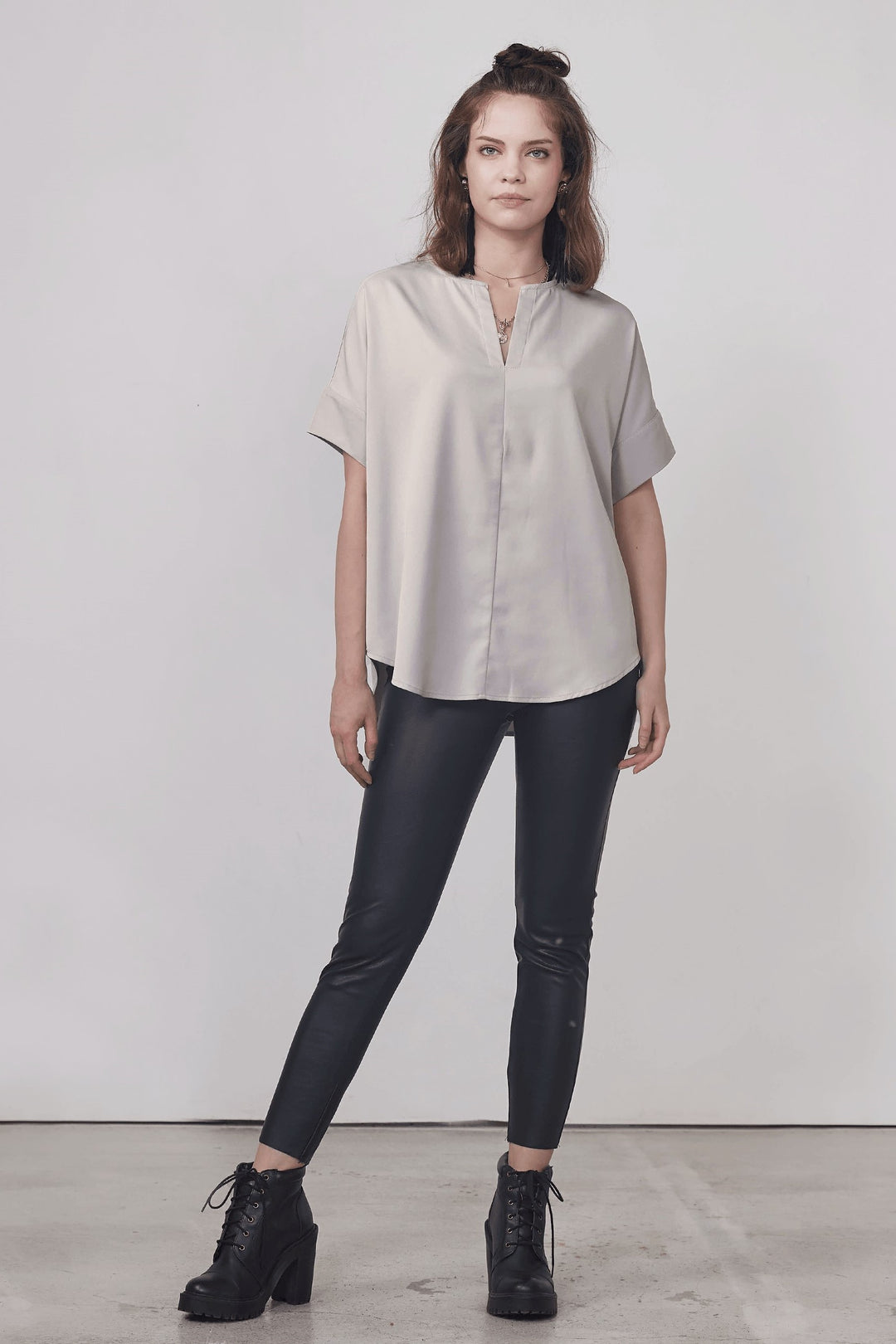 Lt.Grey Plus V Neckline Dolman Short Sleeve Blouse Top