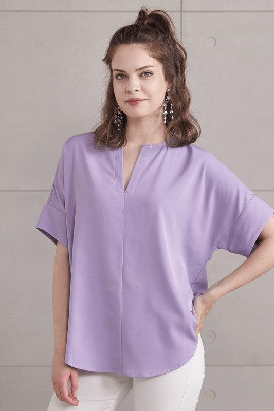 Black V Neckline Dolman Short Sleeve Blouse Top