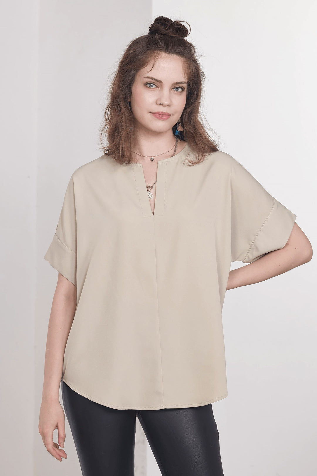 Lime Plus V Neckline Dolman Short Sleeve Blouse Top