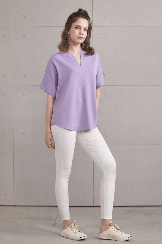 Black V Neckline Dolman Short Sleeve Blouse Top