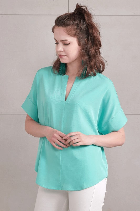 Fuchsia V Neckline Dolman Short Sleeve Blouse Top 1