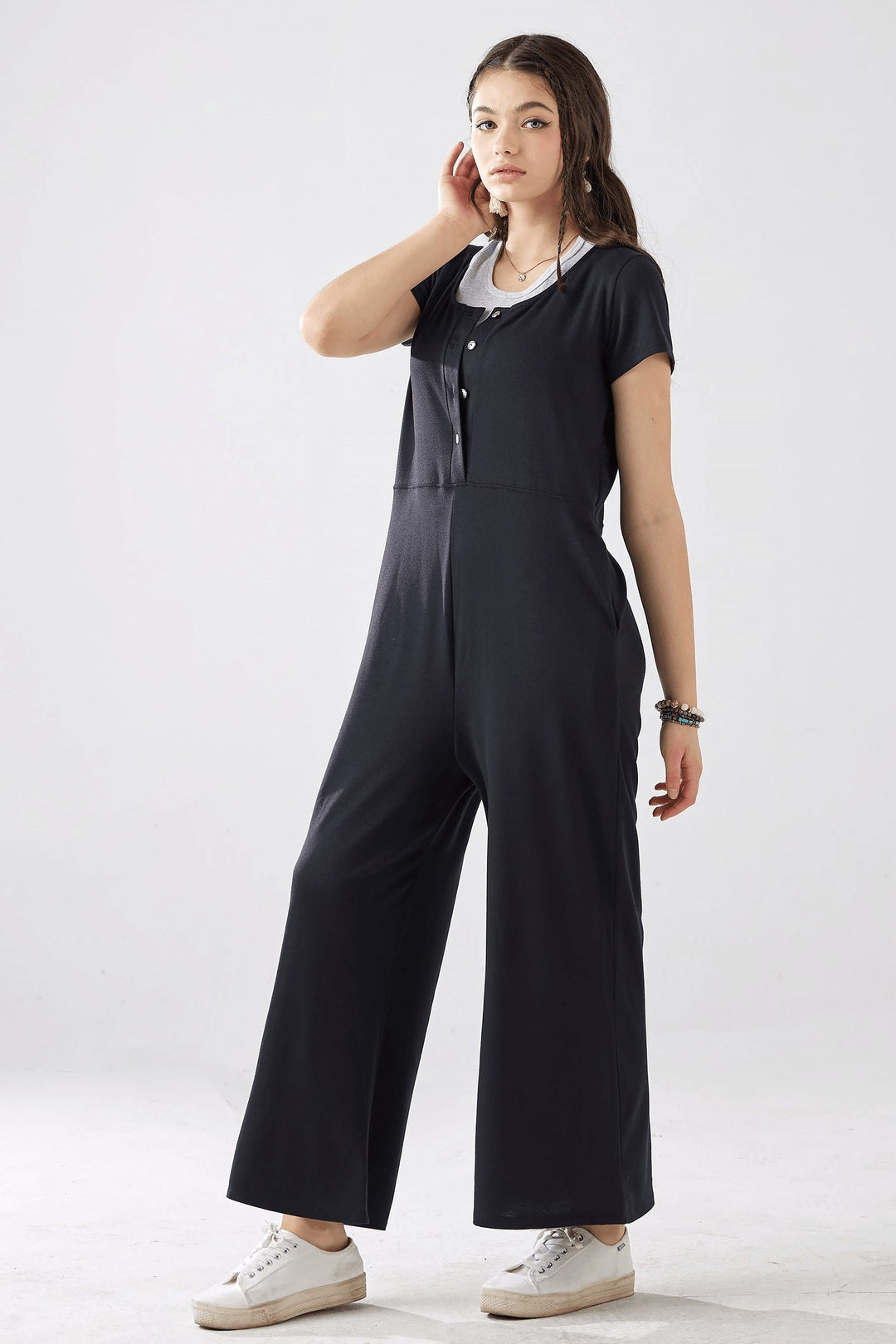 Dream Blue Comfort Button Up Front Closure Jumpsuit
