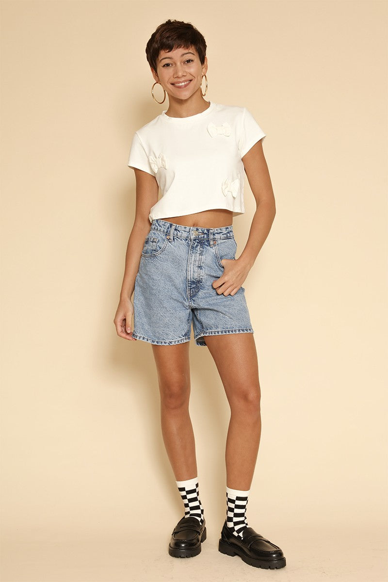 White Cropped Bow Tee