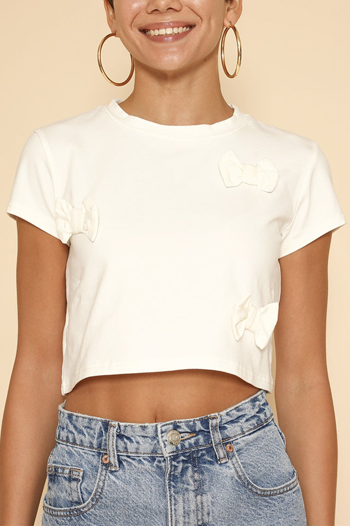 White Cropped Bow Tee