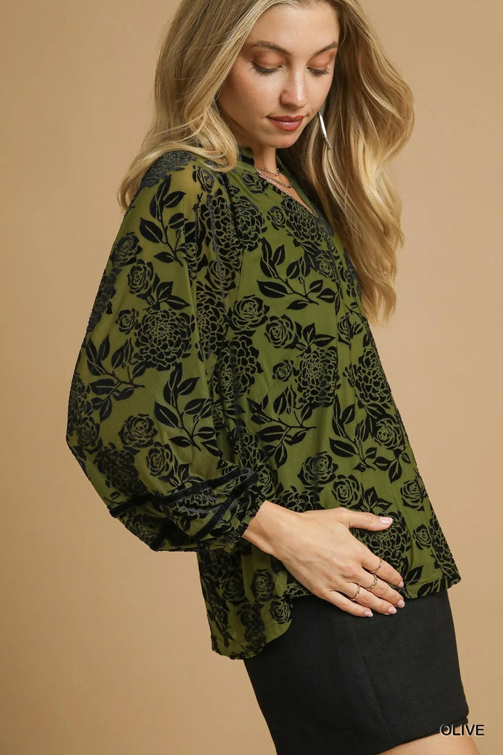 Olive Umgee Full Size Floral Velvet Blouse With Balloon Sleeves Plus Size