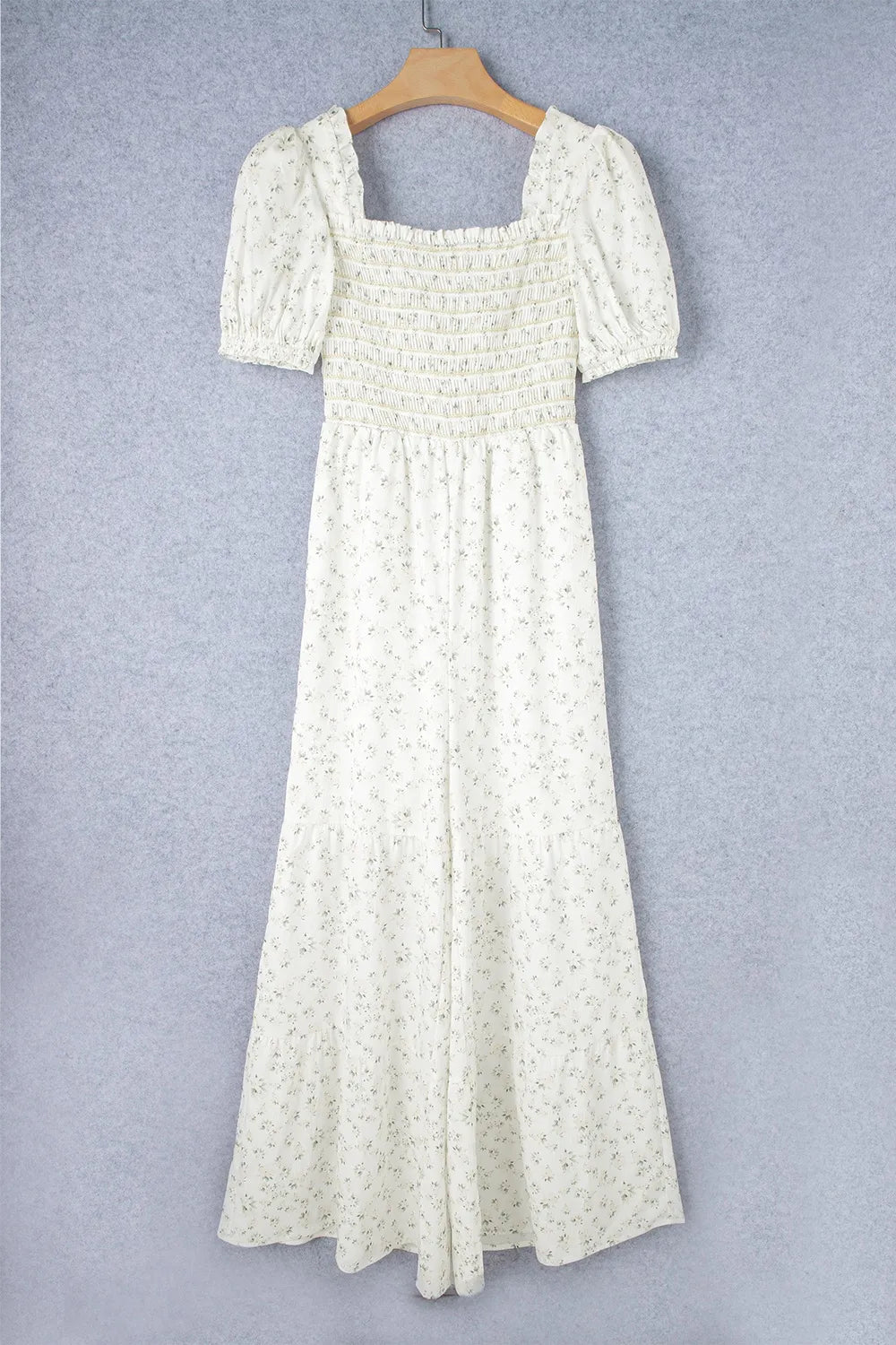 White Smocked Printed Short Sleeve Jumpsuit