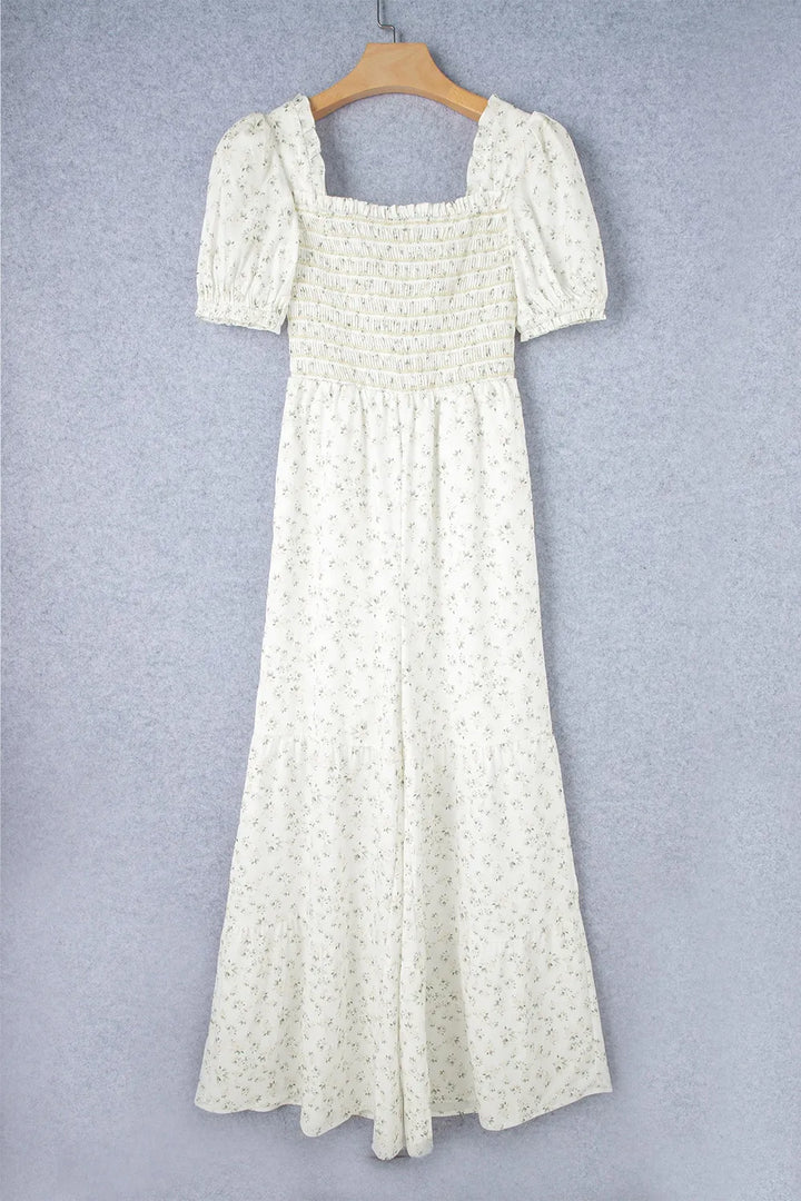 White Smocked Printed Short Sleeve Jumpsuit