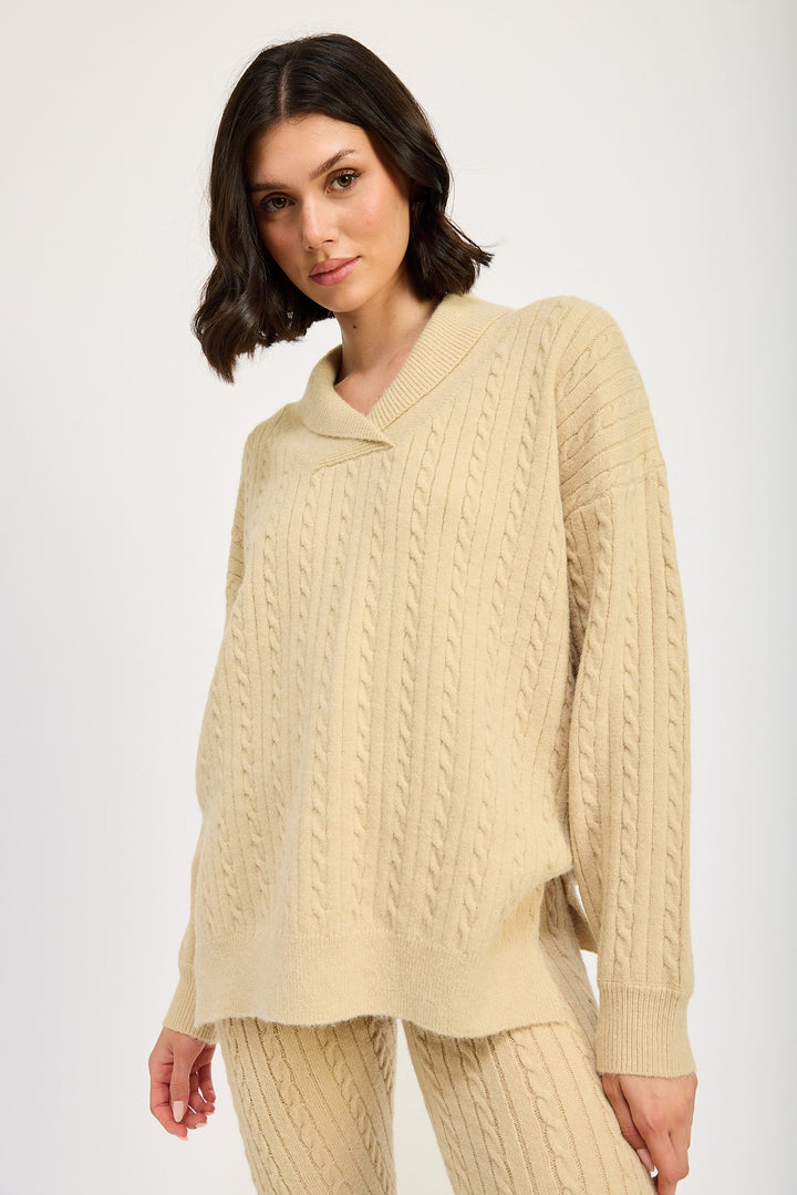 Cable Knit Collared Sweater Top