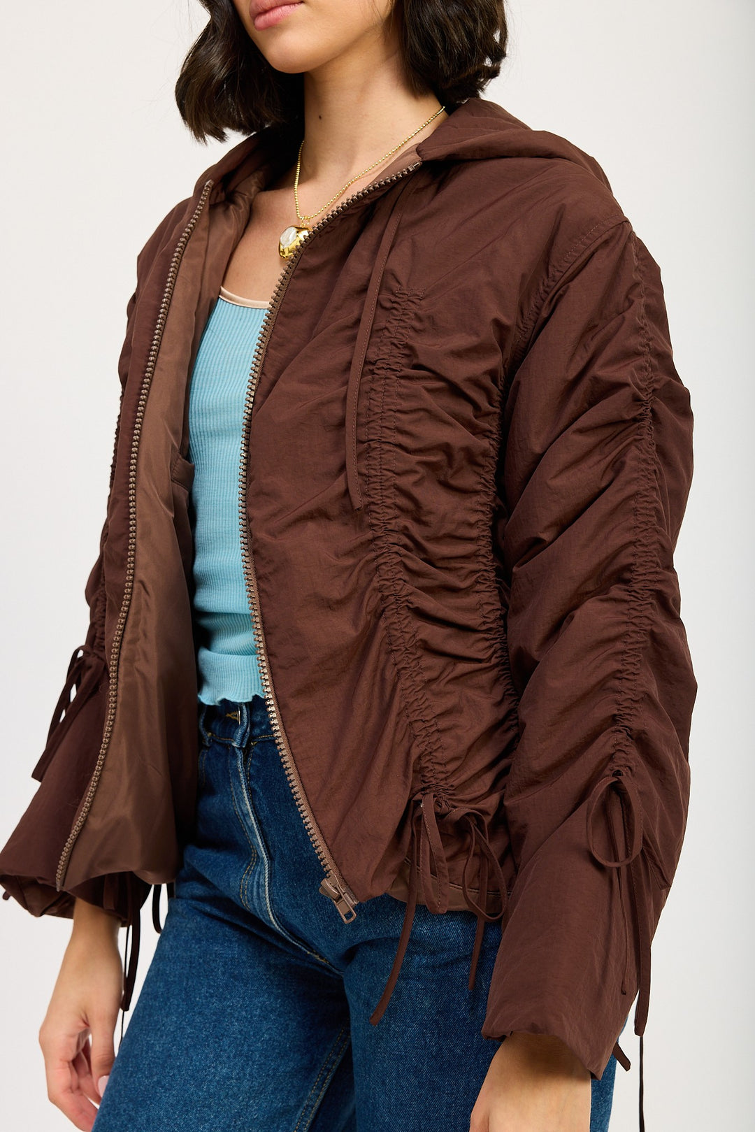 Brown Ruched Puff Jacket