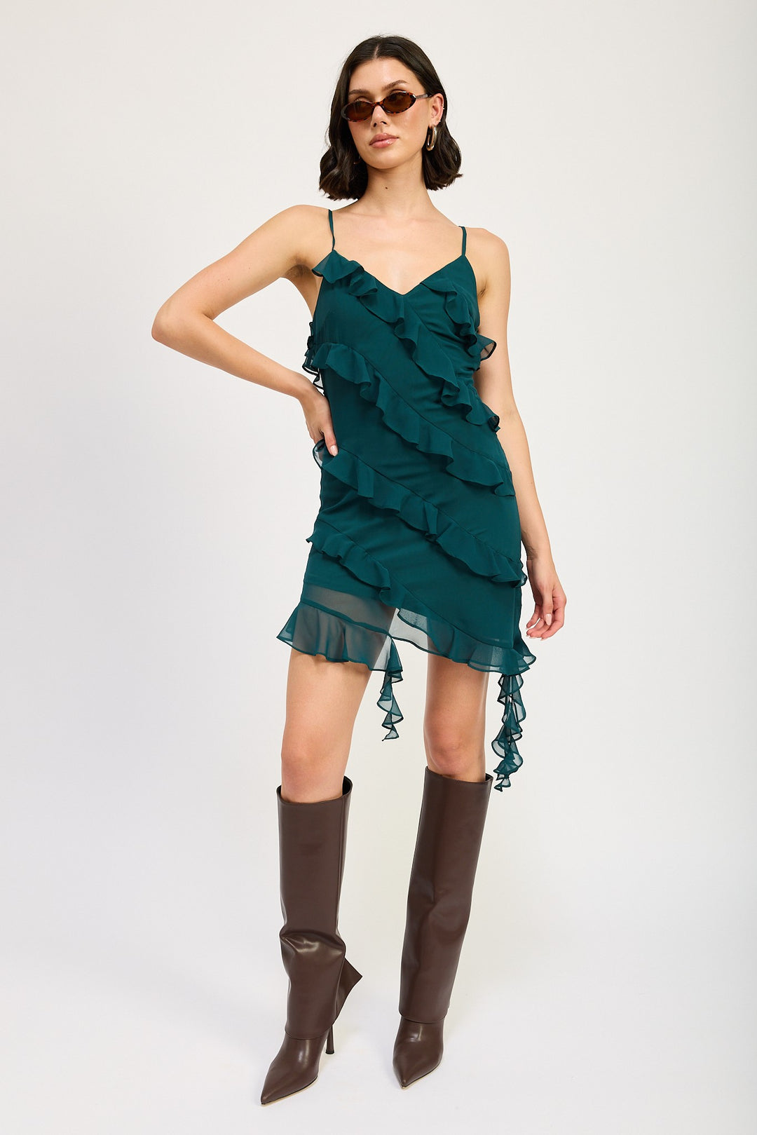 Emerald Green Asymmetrical Ruffle Mini Dress