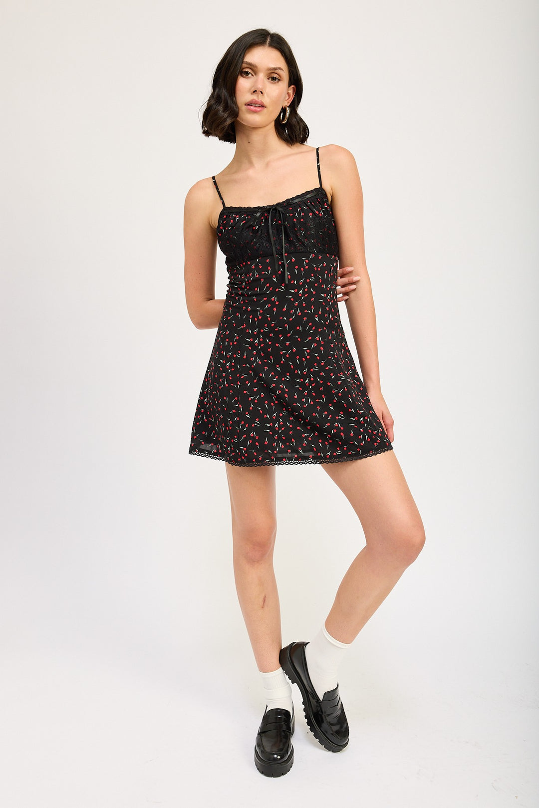 Black Red Floral Lace Trim Slip Dress