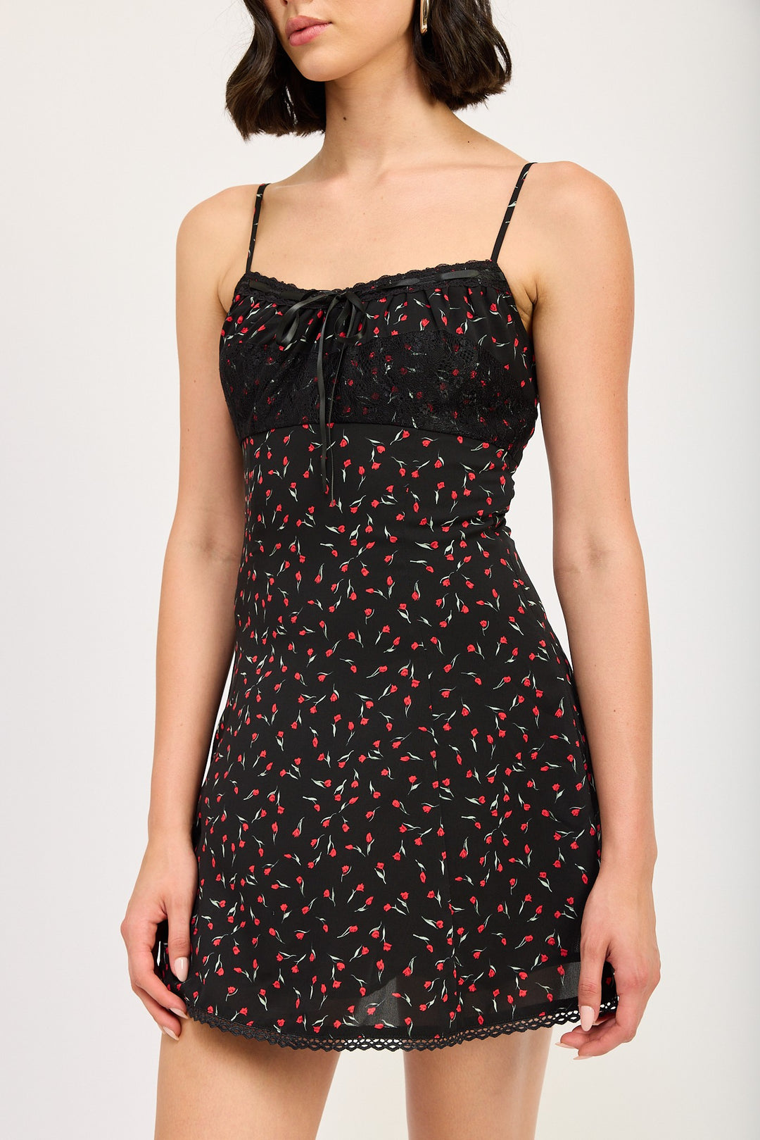 Black Red Floral Lace Trim Slip Dress
