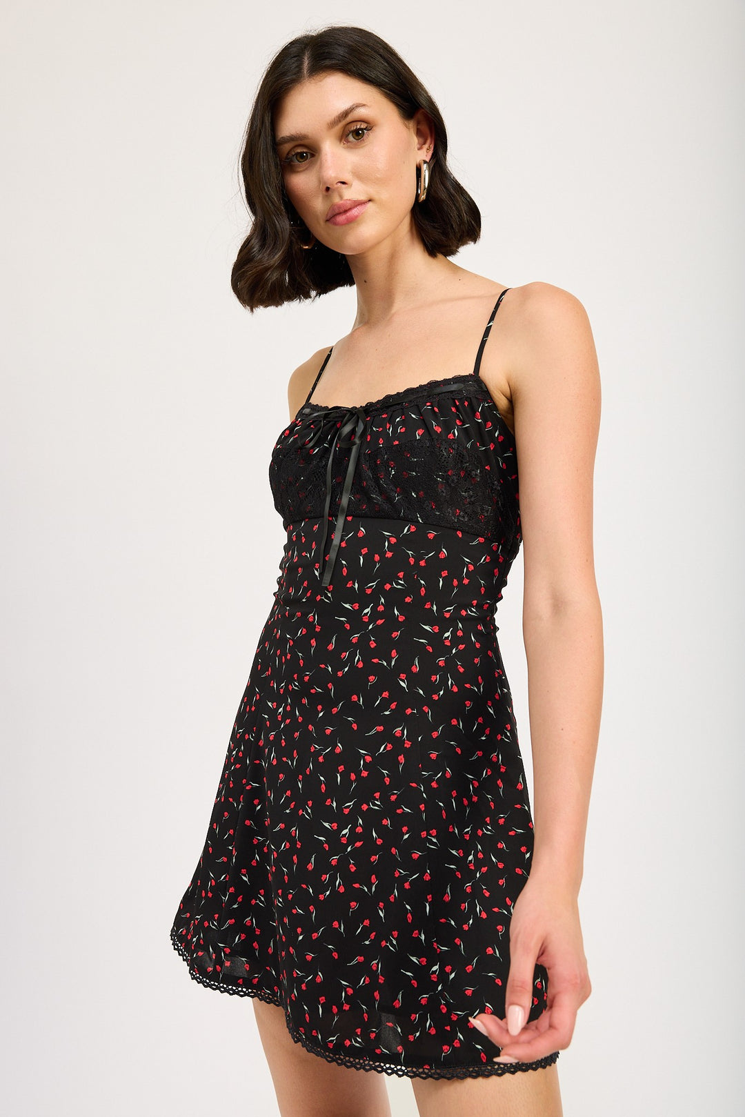 Black Red Floral Lace Trim Slip Dress