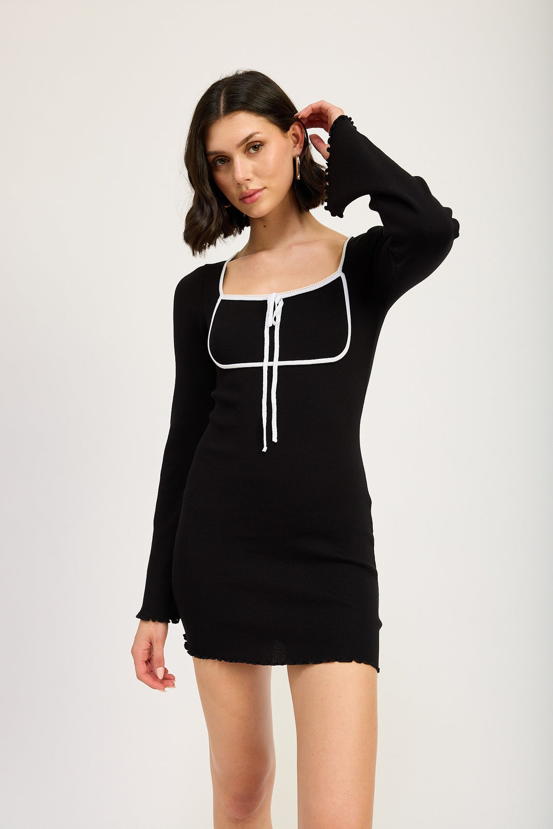 Black Lettuce Hem Mini Dress With Front Tie